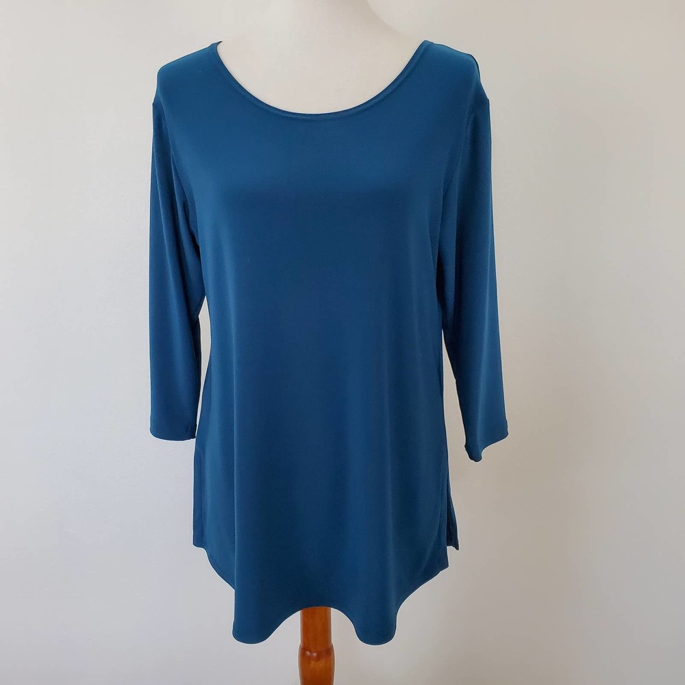 Sympli TEAL Blue Jersey Knit Tunic Top Size 10 Canada 3/4 Sleeves Career Comfort